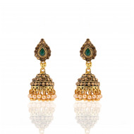 Green Stone Studded Antique Gold Jhumka 